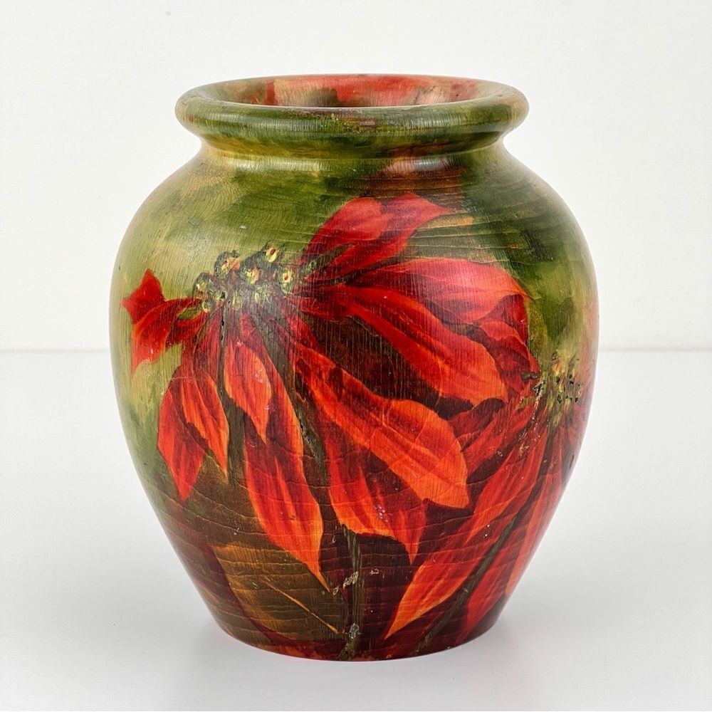 Vintage Wooden Vase Folk Art Hand Carved Hand Painted